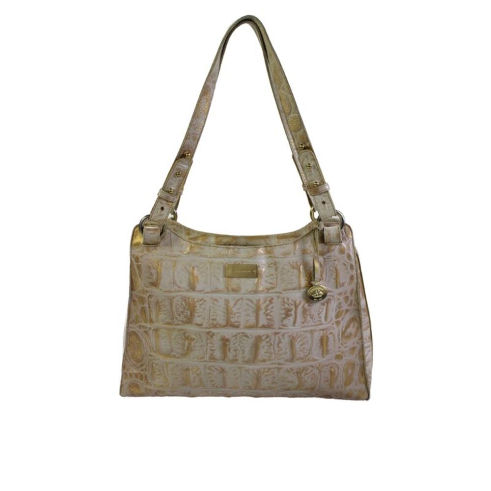 Brahmin Womens Leather Crocodile Print Shoulder Handbag Beige Gold